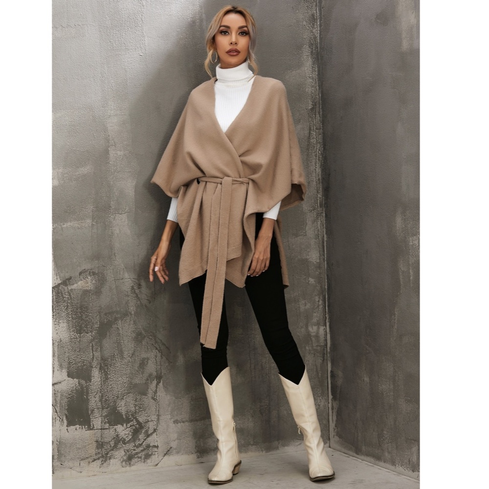 Knitted Cape Belted in Tan - Picture 9 of 10